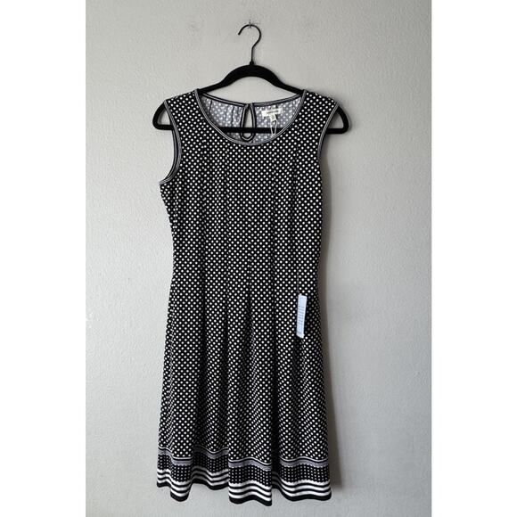 Max Studio Polka Dot Dress Women’s Size Small Stretch Pleated Striped Trim Work - Picture 1 of 9